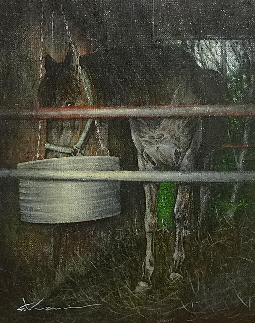 上鈴木正一 油彩画 F3号程度『早朝の厩にて』NY個展開催記念作品 超オススメ!