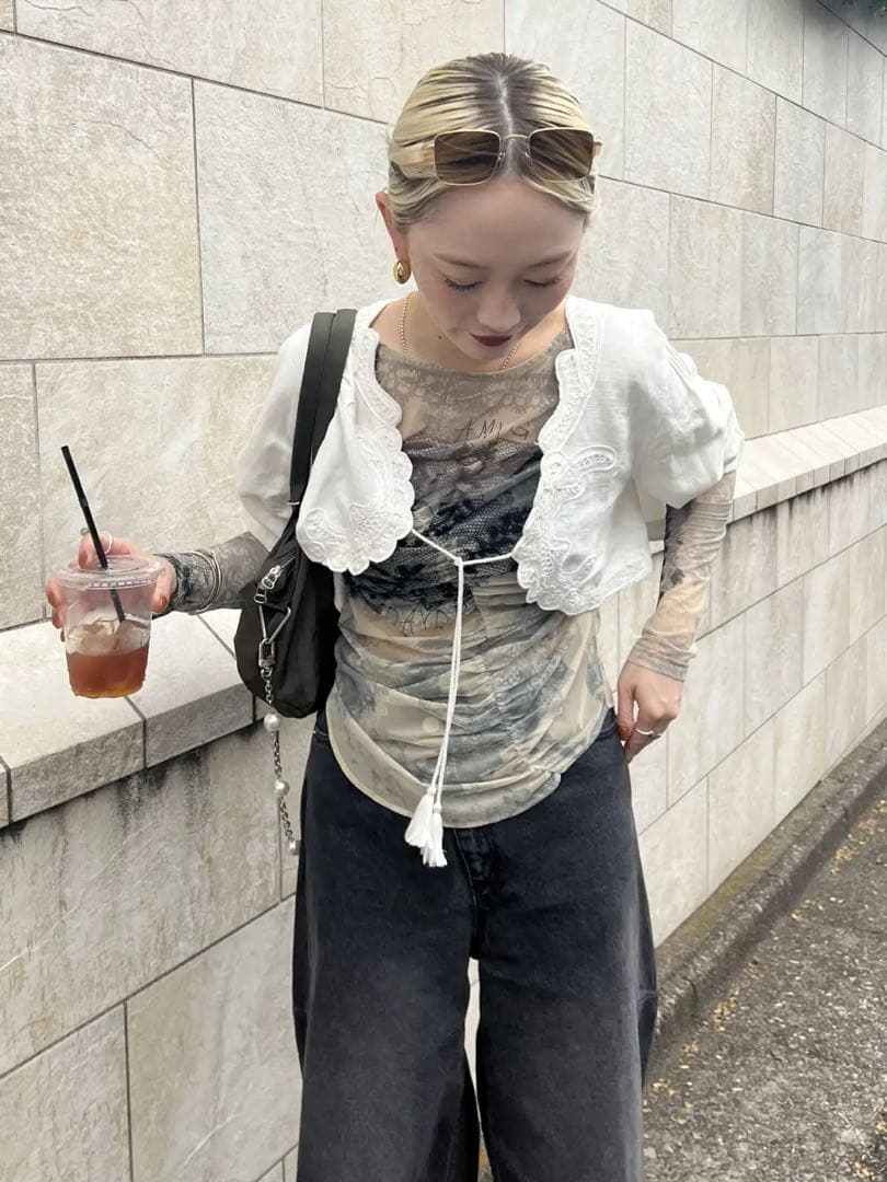 トップス 2WAY TROMPE L'OEIL LACE PRINT SKIN TOP