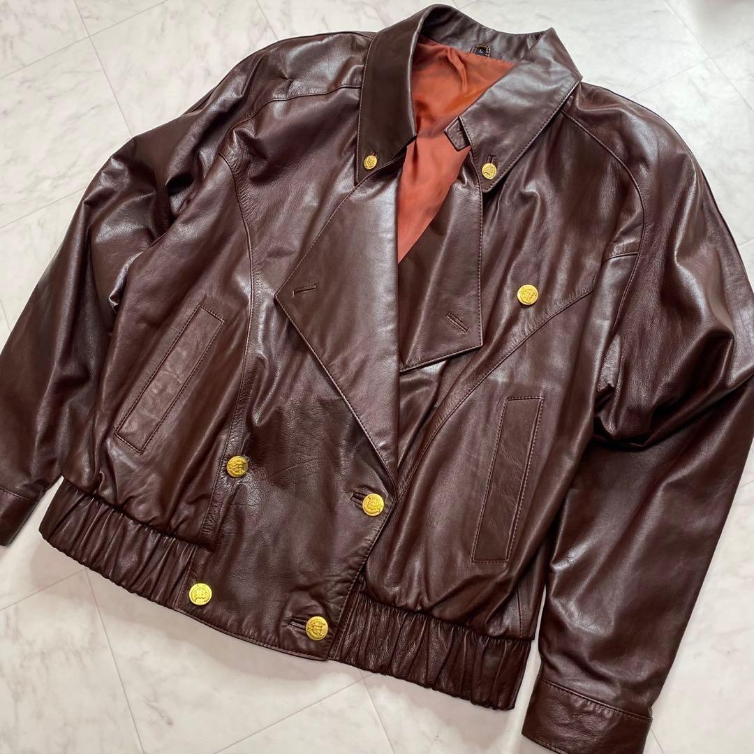 VINTAGE 古着　羊革　レザージャケット　金ボタン　ダブル　L ブラウン