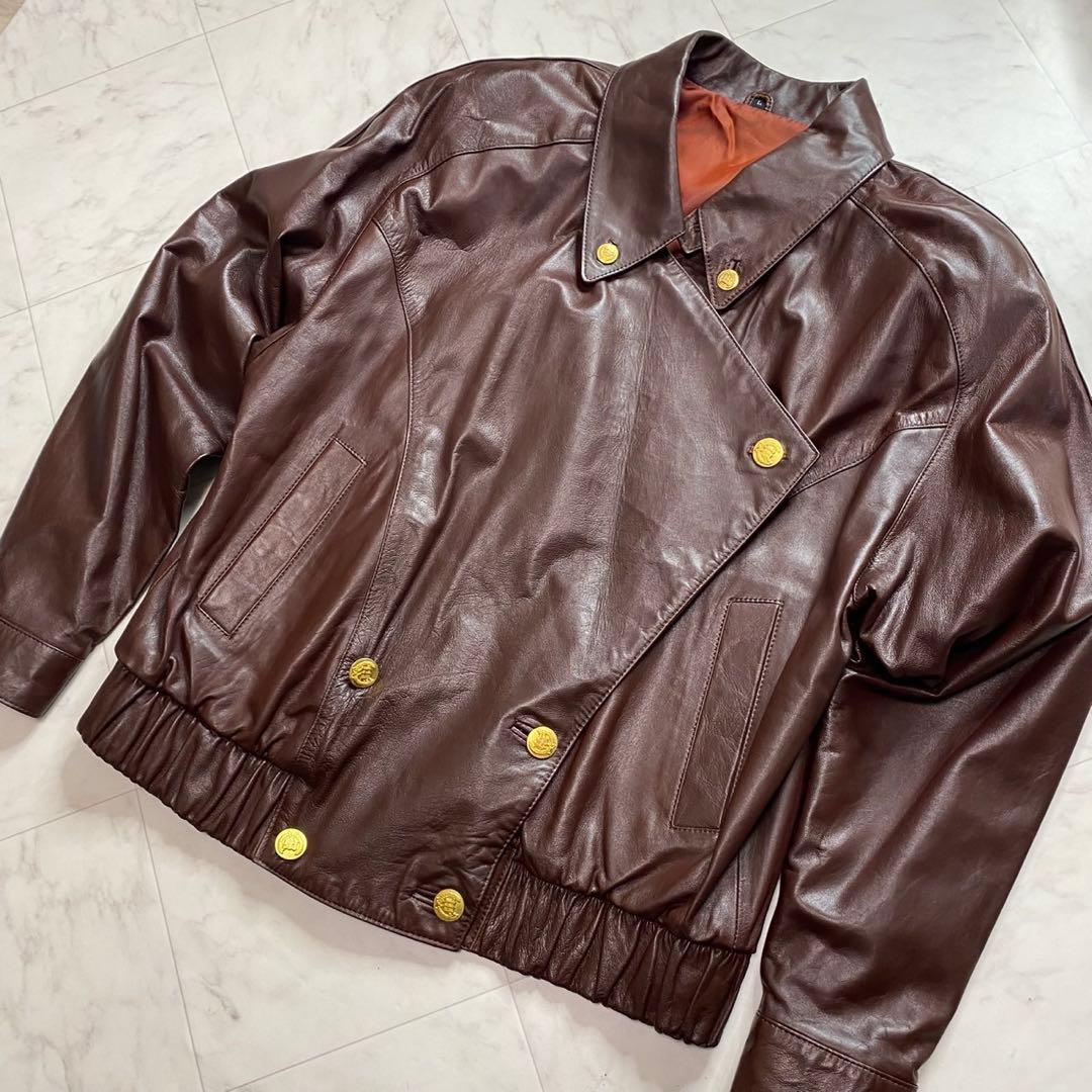 VINTAGE 古着　羊革　レザージャケット　金ボタン　ダブル　L ブラウン