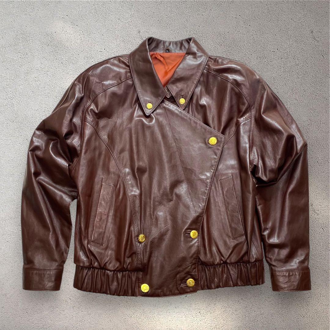 VINTAGE 古着　羊革　レザージャケット　金ボタン　ダブル　L ブラウン