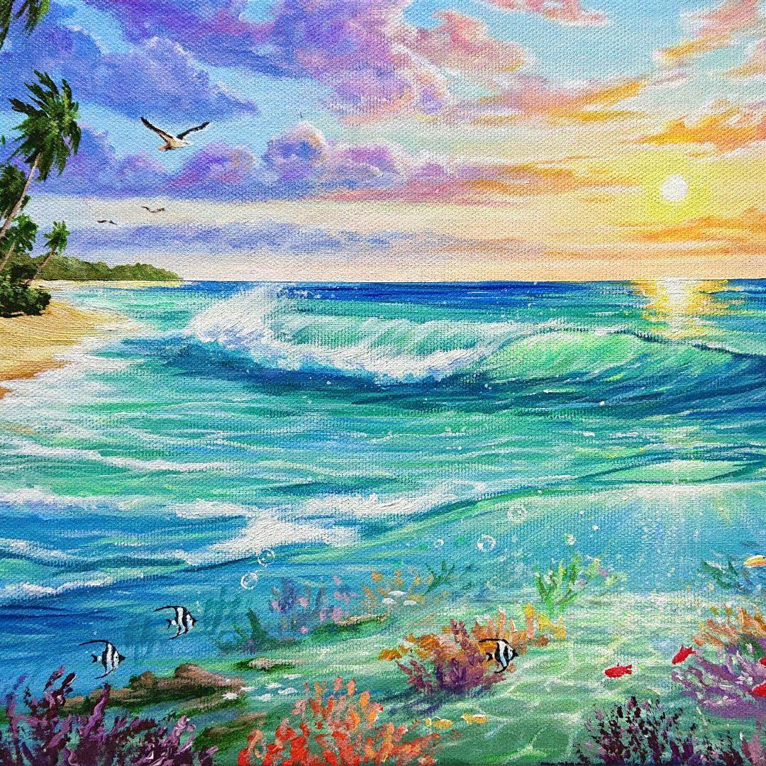 【碧い海】アクリル画 F3 風景画 絵画 海の絵