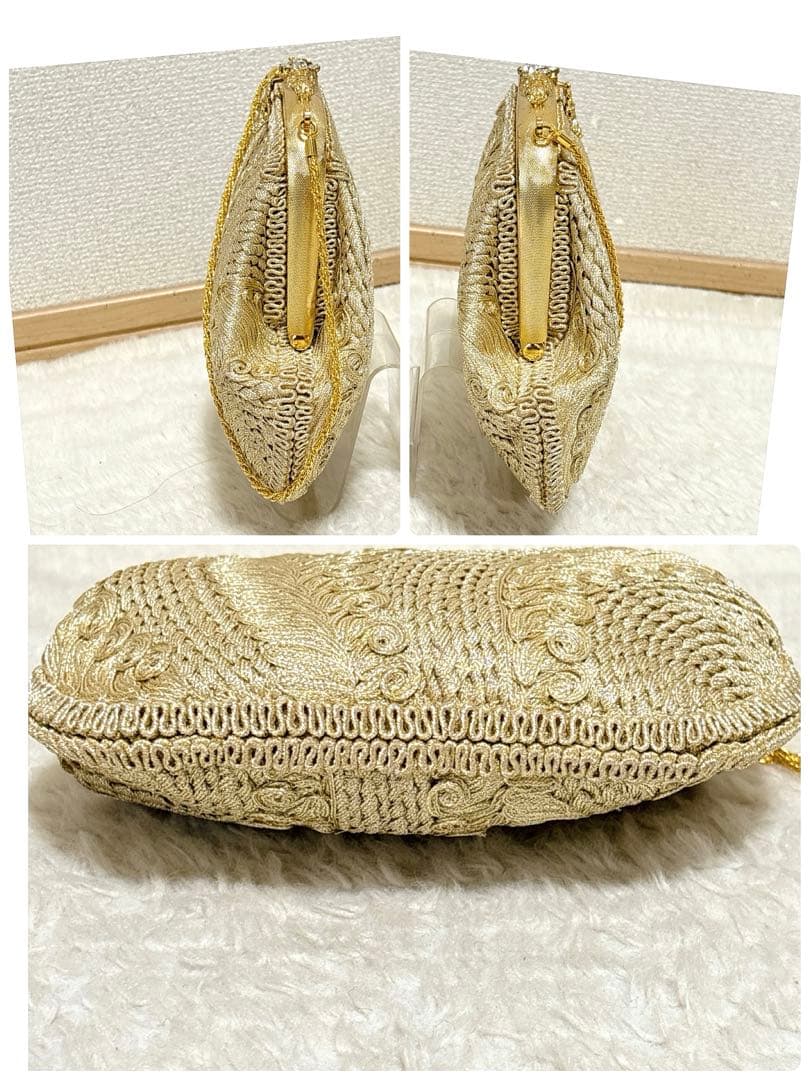 銀河高級着物刺繍パーティーバッグ ガマ口 ゴールドビジュー装飾