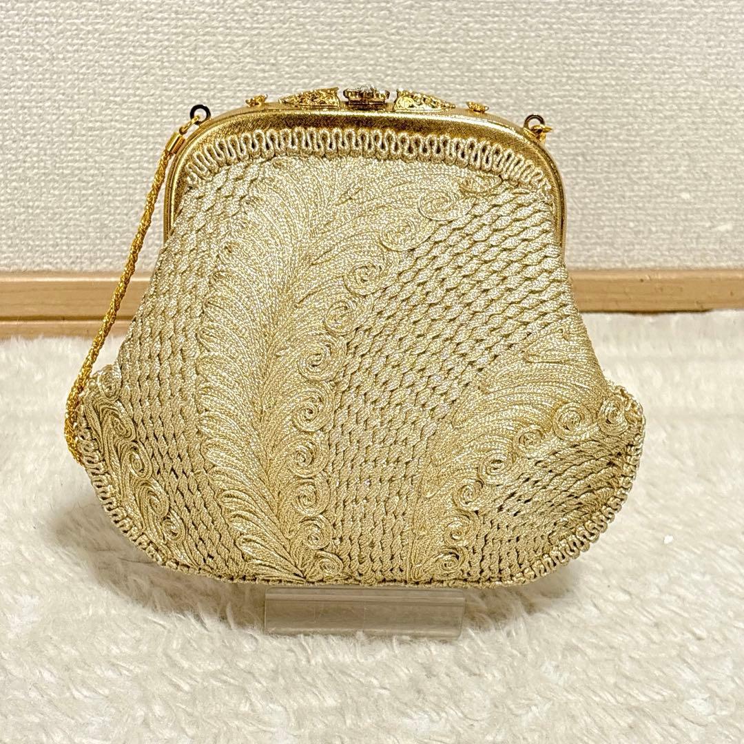 銀河高級着物刺繍パーティーバッグ ガマ口 ゴールドビジュー装飾