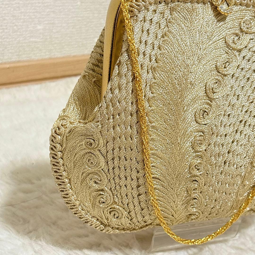 銀河高級着物刺繍パーティーバッグ ガマ口 ゴールドビジュー装飾