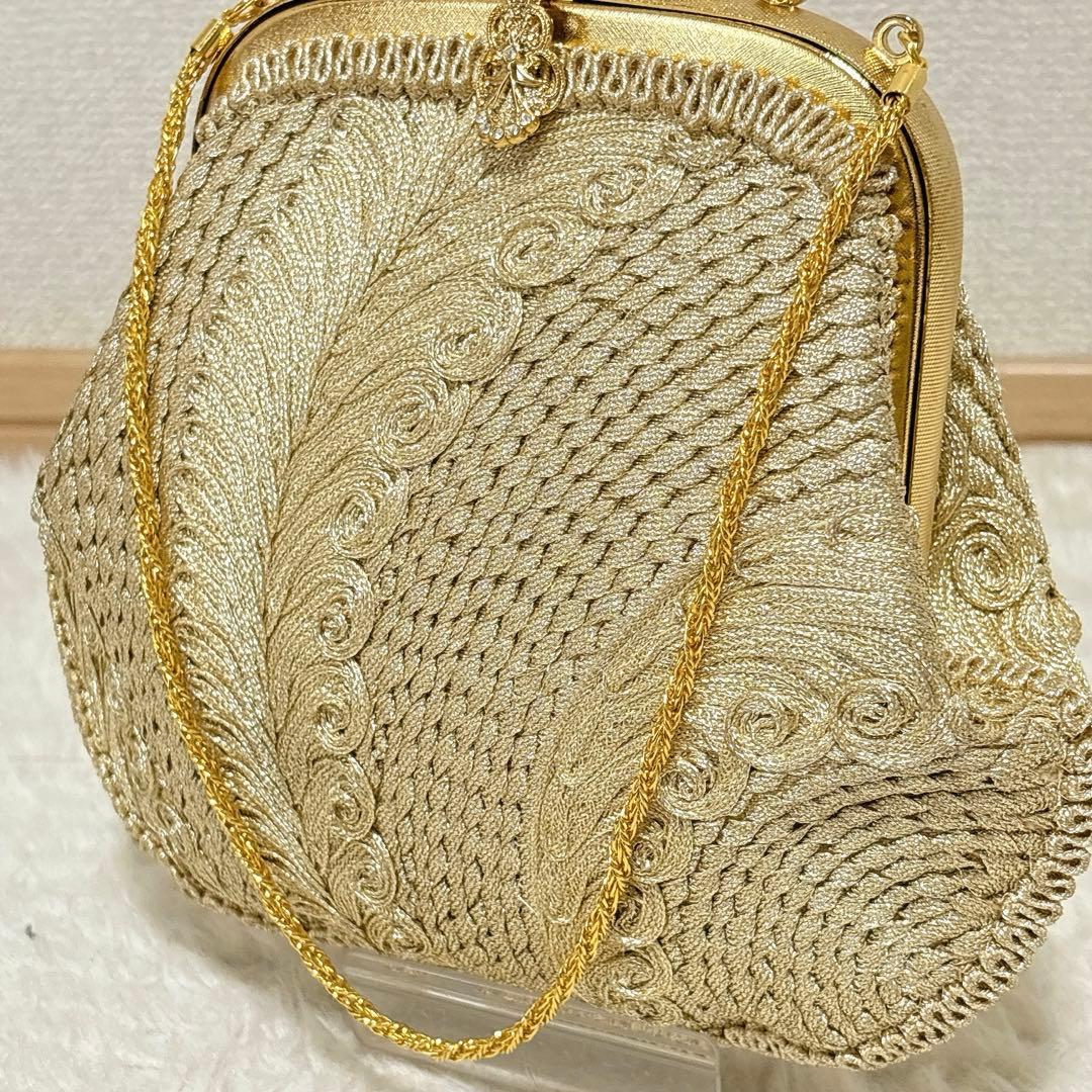 銀河高級着物刺繍パーティーバッグ ガマ口 ゴールドビジュー装飾