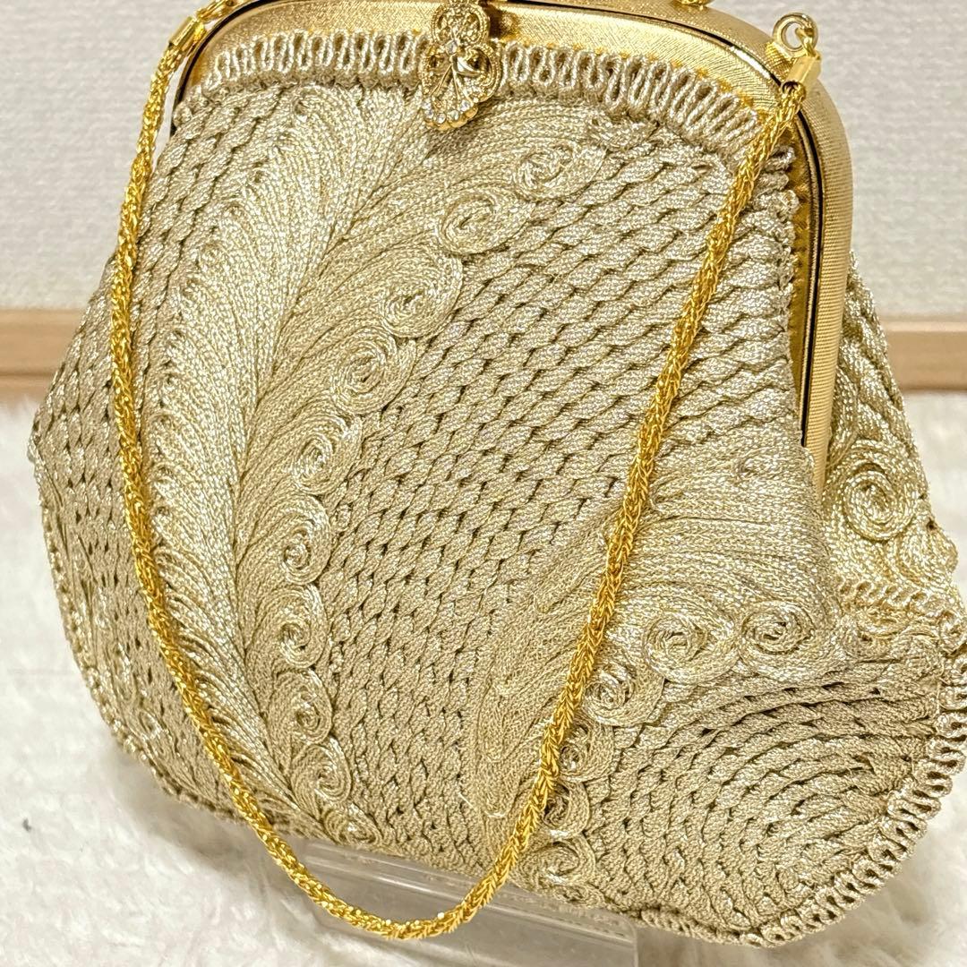 銀河高級着物刺繍パーティーバッグ ガマ口 ゴールドビジュー装飾