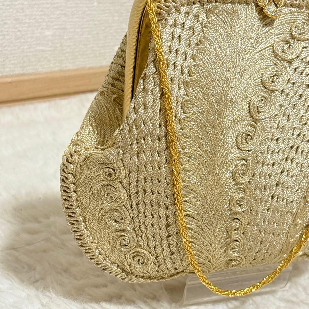 銀河高級着物刺繍パーティーバッグ ガマ口 ゴールドビジュー装飾
