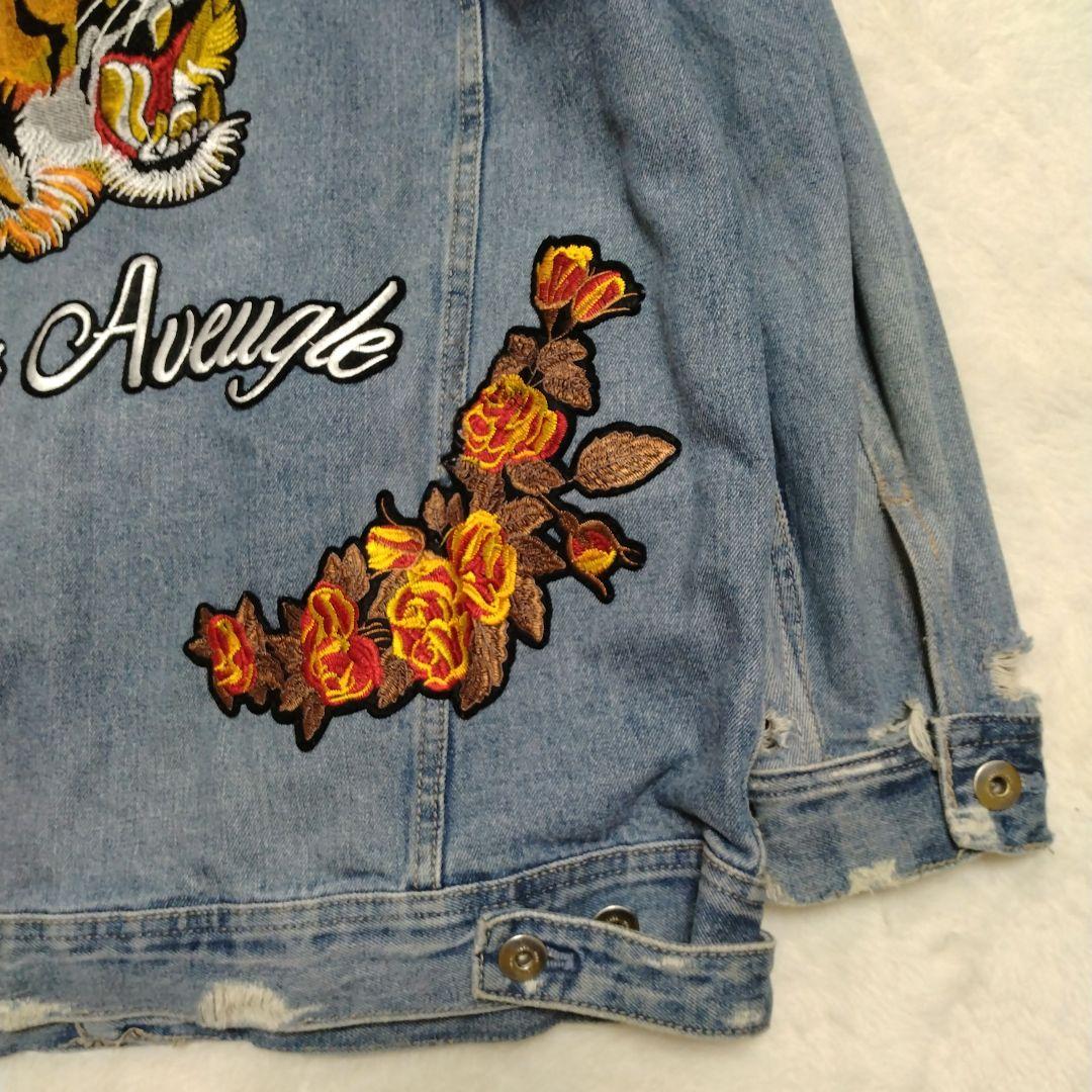 【即完売モデル】 ZARA ザラ デニムジャケット　 虎 薔薇　背面刺繍