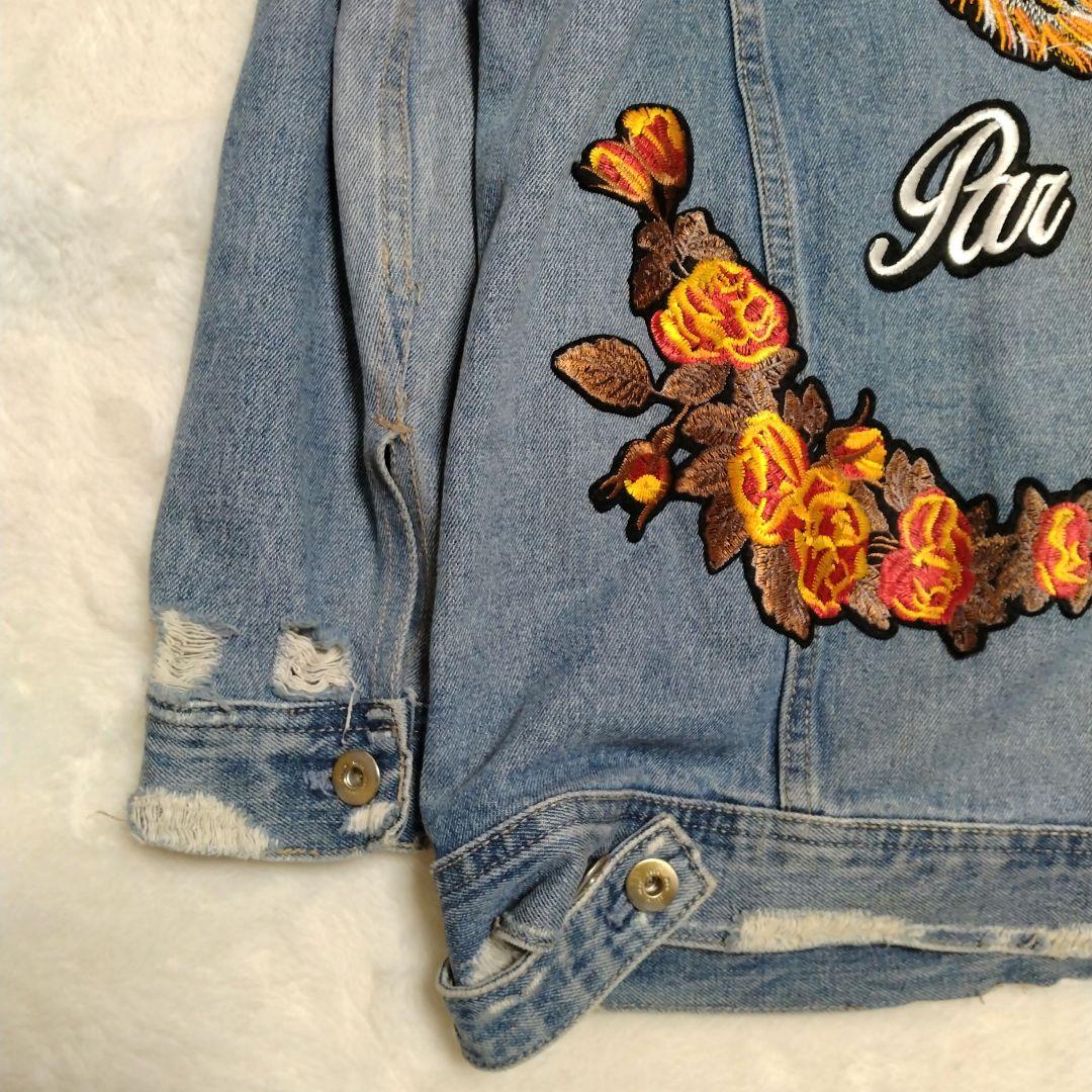 【即完売モデル】 ZARA ザラ デニムジャケット　 虎 薔薇　背面刺繍