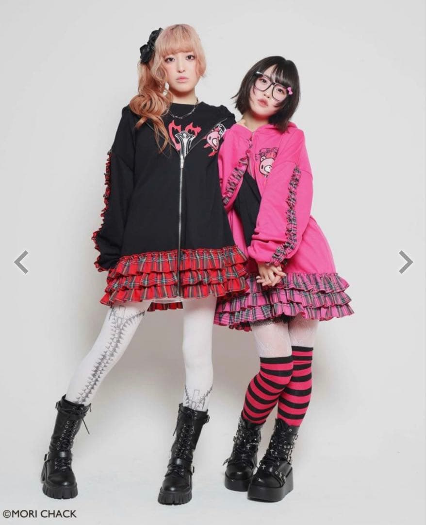 『グルーミー×SPINNS 』 耳付きフリルZIPパーカー　-：ブラック