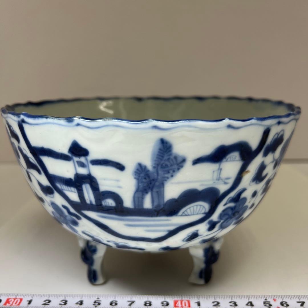 専用　古伊万里　染付三足鉢　口径約18.5㎝　東Y8-0216④大