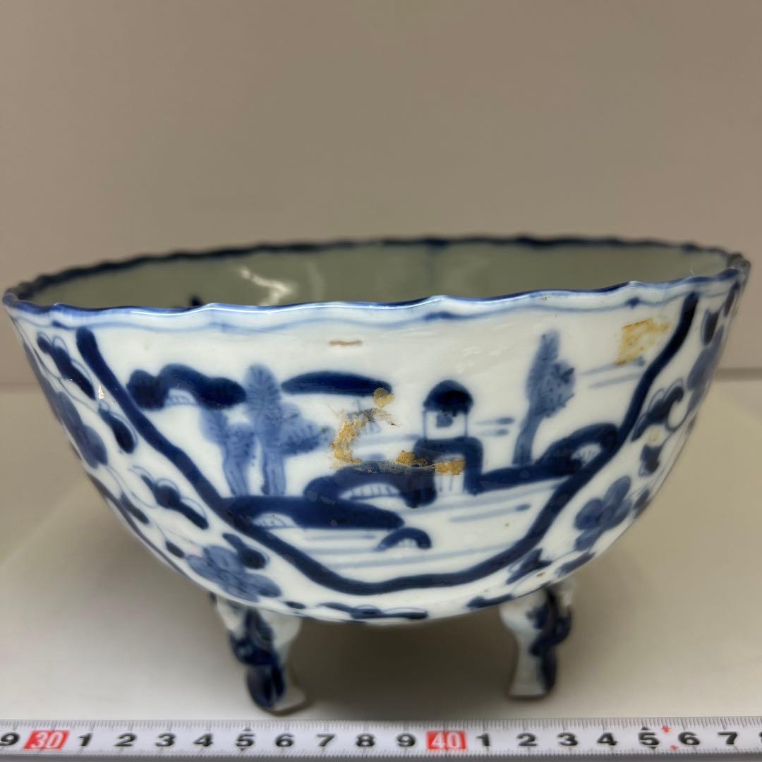 専用　古伊万里　染付三足鉢　口径約18.5㎝　東Y8-0216④大