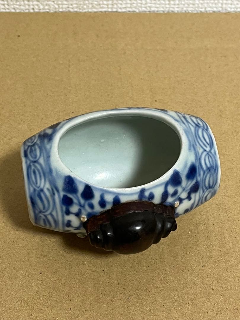 中国古美術 宣徳年制銘染付草花文小鳥飼い餌入、水入時代物