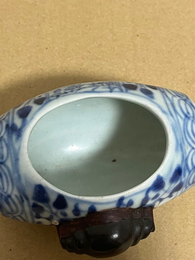 中国古美術 宣徳年制銘染付草花文小鳥飼い餌入、水入時代物