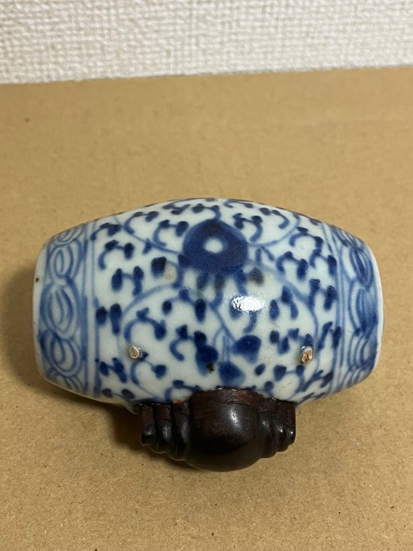 中国古美術 宣徳年制銘染付草花文小鳥飼い餌入、水入時代物