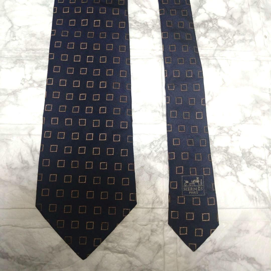 HERMES エルメス ネイビー シルク ネクタイ ハイブランド 紺色 小紋柄