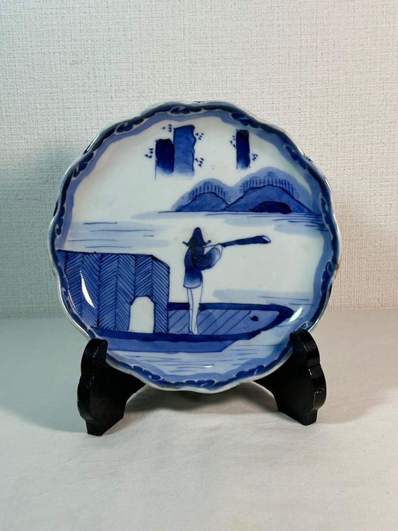 伊万里染付　異人遠眼鏡図　江戸時代後期5寸皿