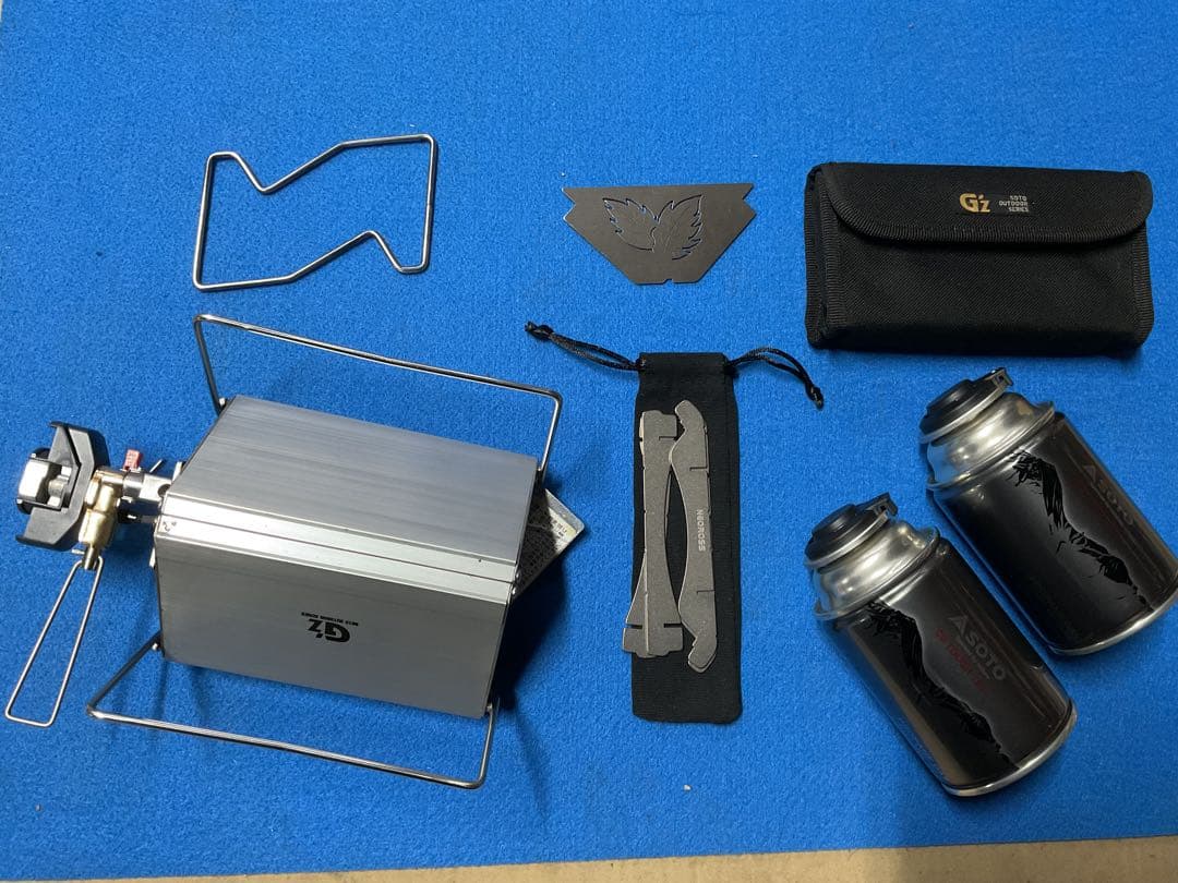 SOTO・GZストーブ動作良好美品&新品チタン防風板と五徳新品ST-711２本付