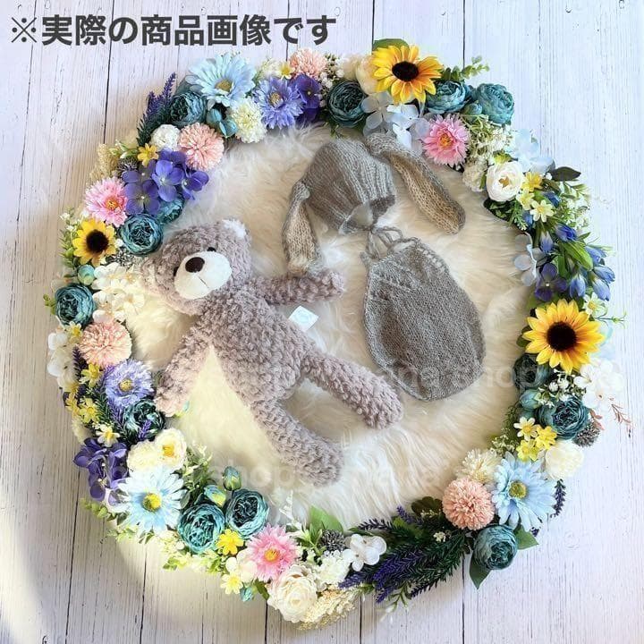 グレー♪うさぎ耳帽子と編み模様オーバーオール　ニューボーンフォト衣装　ボンネット