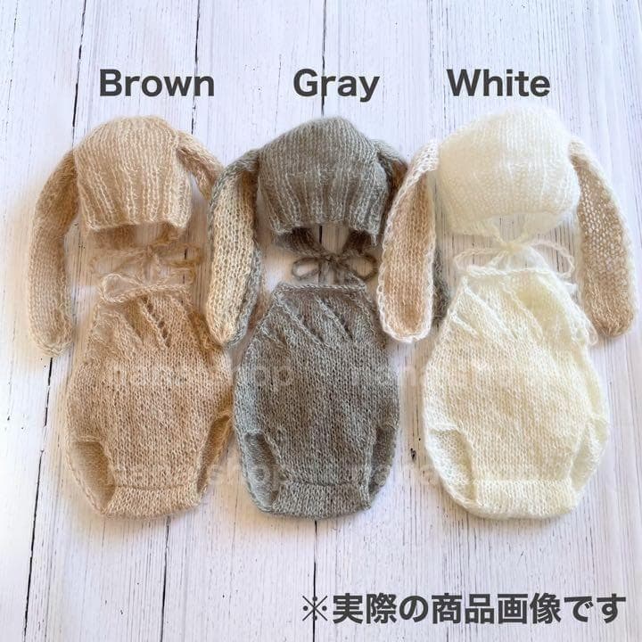 グレー♪うさぎ耳帽子と編み模様オーバーオール　ニューボーンフォト衣装　ボンネット