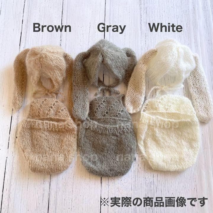 グレー♪うさぎ耳帽子と編み模様オーバーオール　ニューボーンフォト衣装　ボンネット