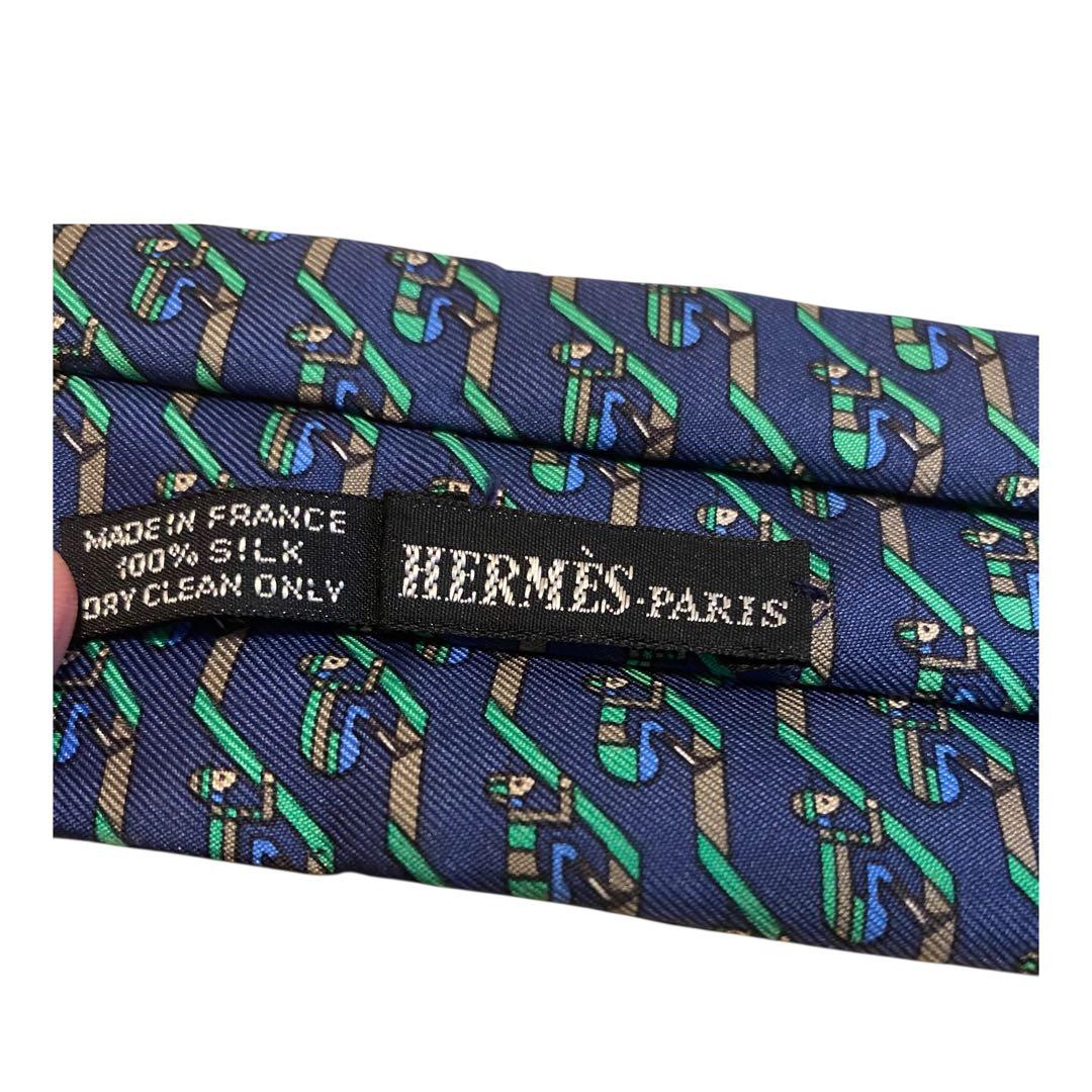 【仏製】HERMÈS エルメス アスコットタイ シルク ネイビー総柄 幅17cm