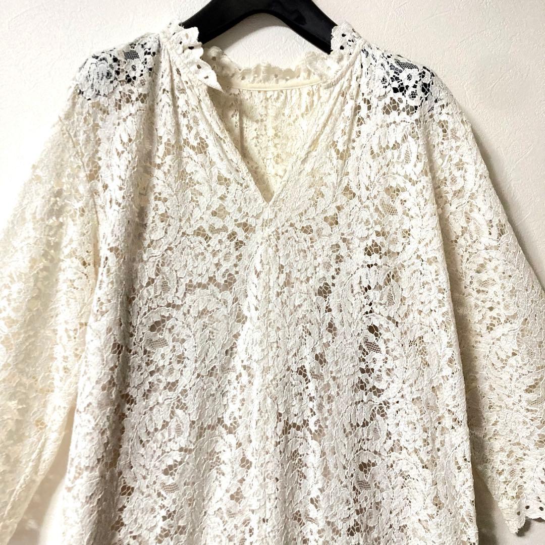 未使用級✨スローブイエナ フラワー刺繍 総レース 白 ロング フレア ワンピース