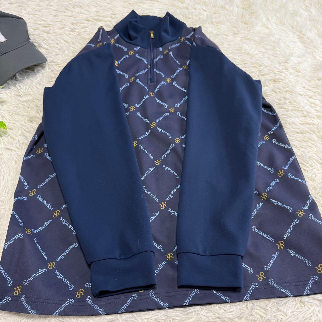 【レザレクション】美品 ハーフパンツ 長袖 総ロゴ ネイビー L メンズ