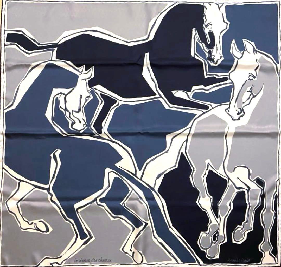 美品 お洒落エルメス シルクスカーフ カレ90 馬のダンス ダブルフェイス 青赤