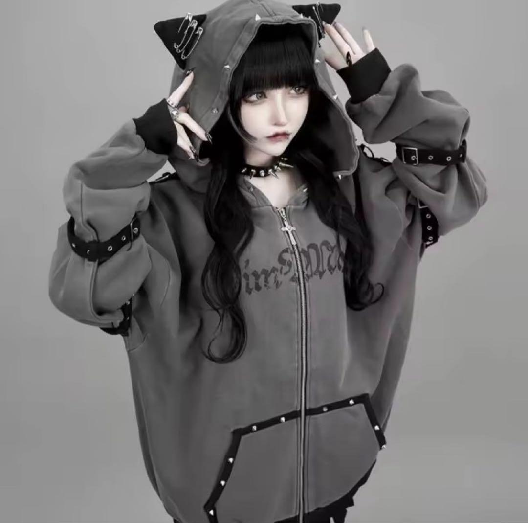 ディムモアール 猫耳フード付きグレーオーバーサイズパーカー