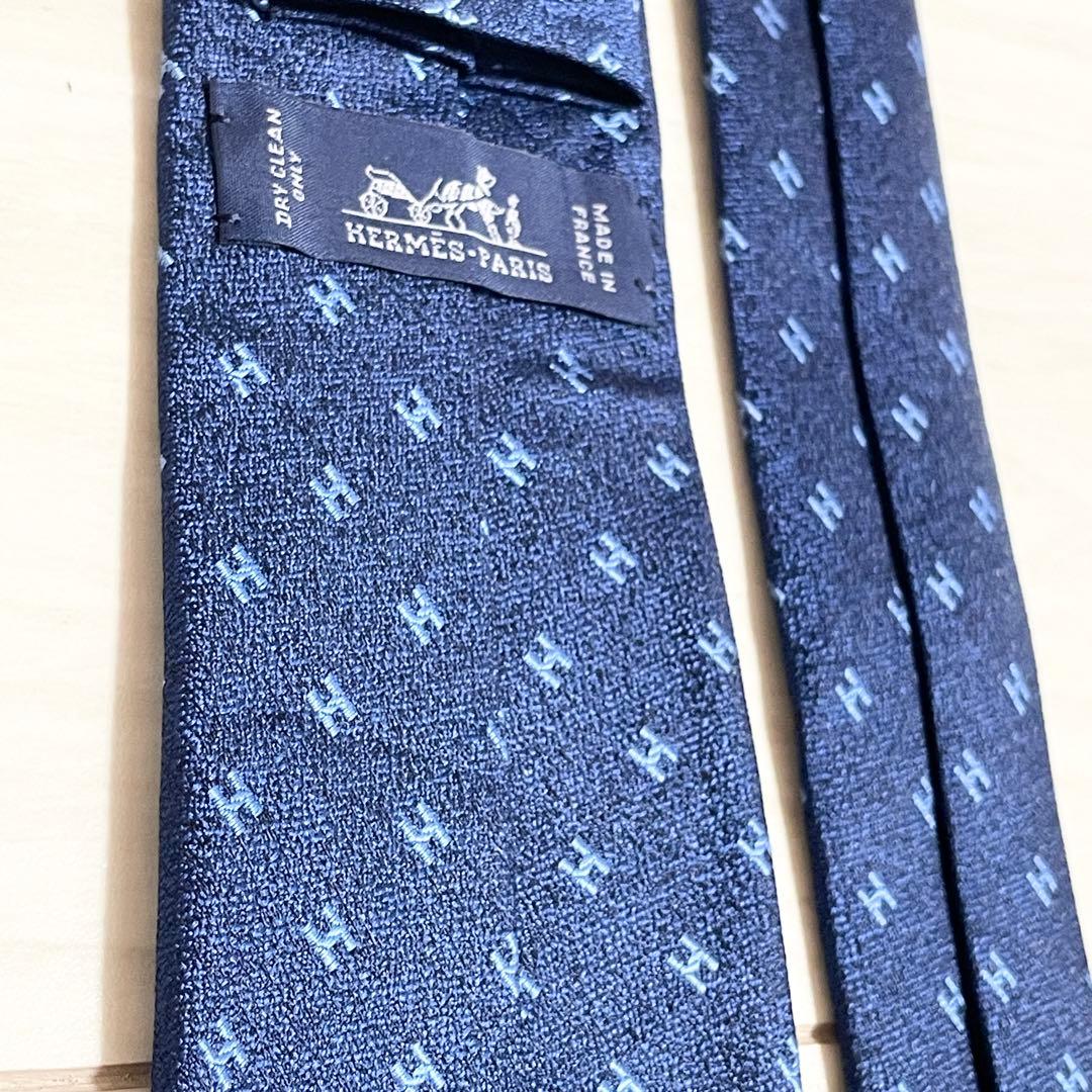 HERMES　エルメス　ネクタイ　ファソネ　総H柄 H織　ブルー　青　ネイビー
