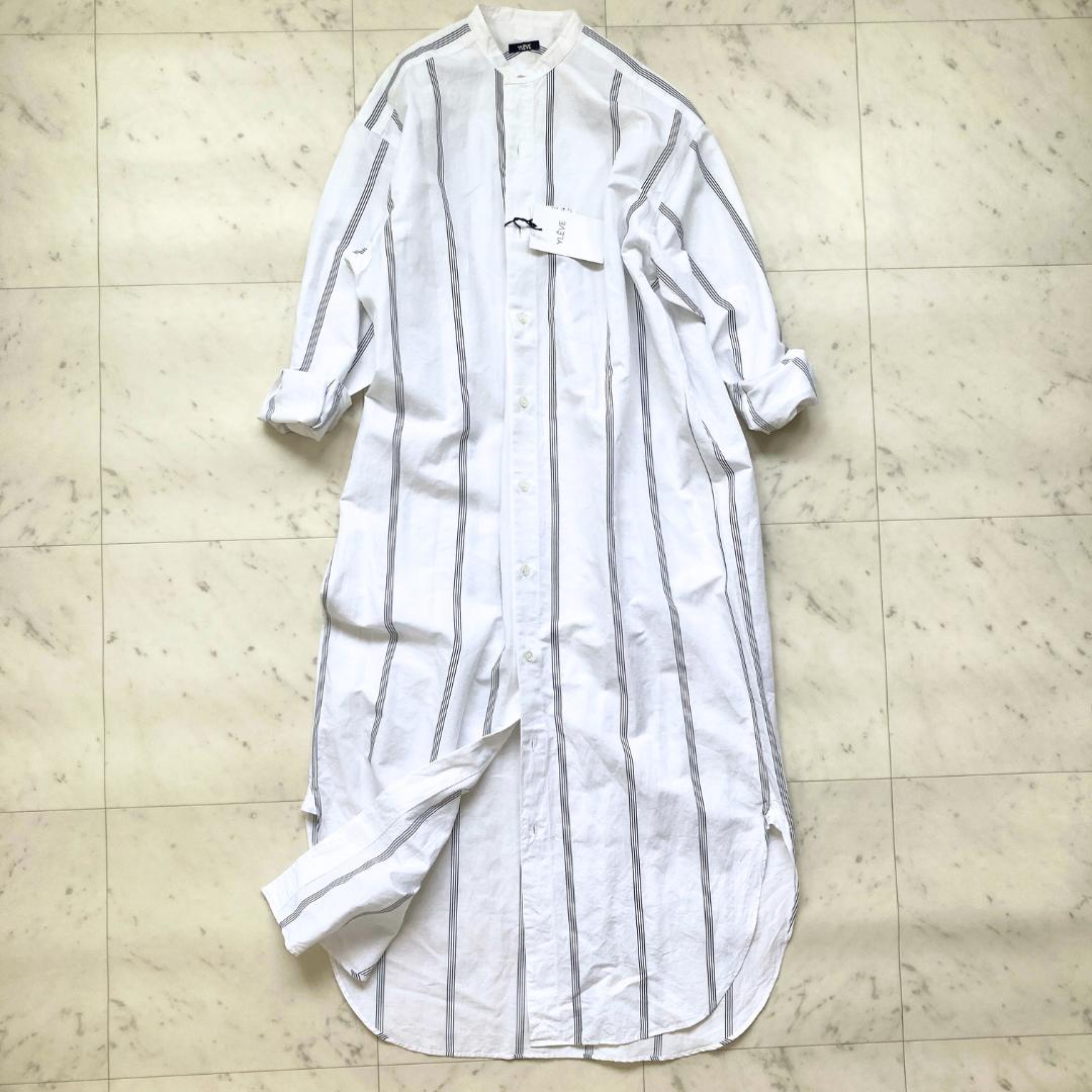 タグ付き未使用　イレーヴ　ストライプロングシャツ　ワンピース　白　バンドカラー