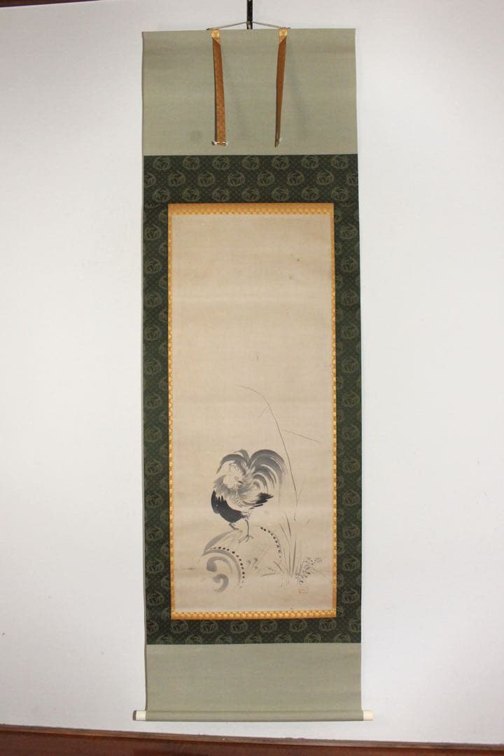 No4452掛軸　在印　松花堂昭乗　水墨鶏図　紙本　合箱　古画　古美術　送料無料