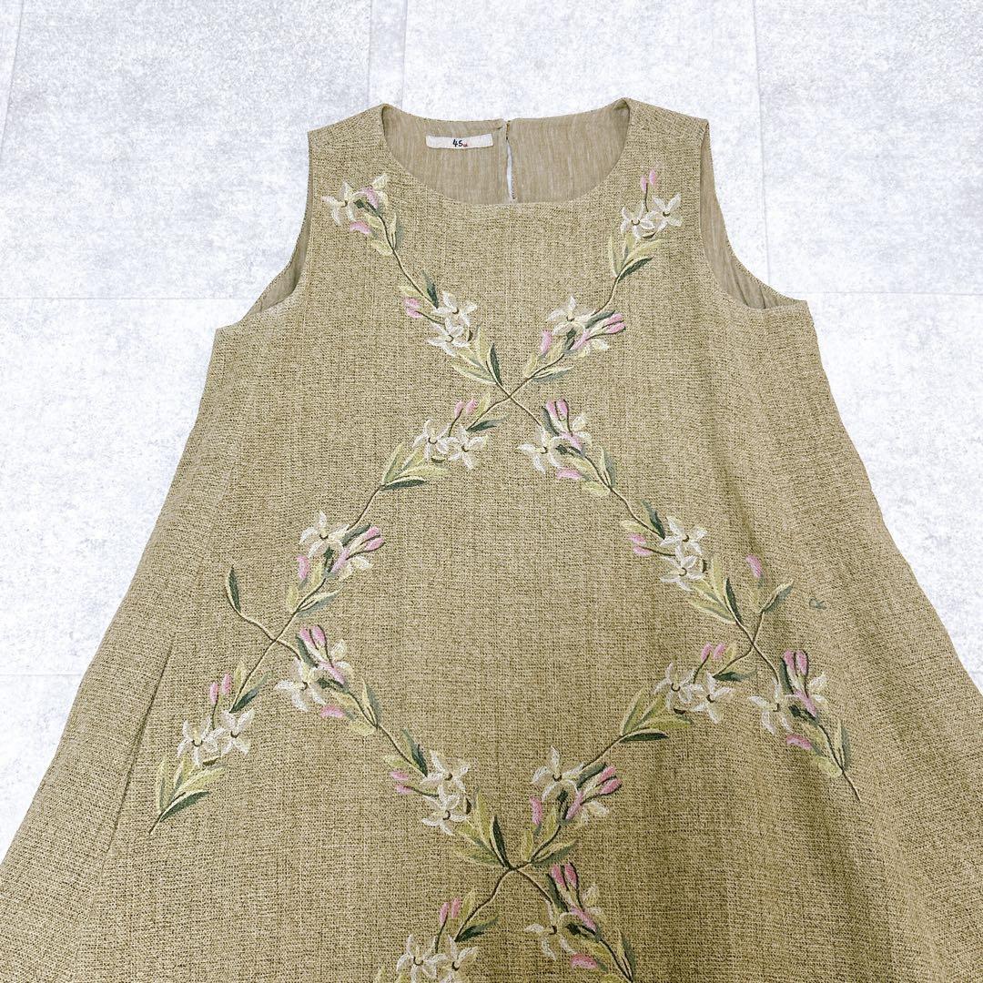 未使用級✨ 45R ギマツイード 刺繍 ワンピース ノースリーブ 花柄 R刺繍