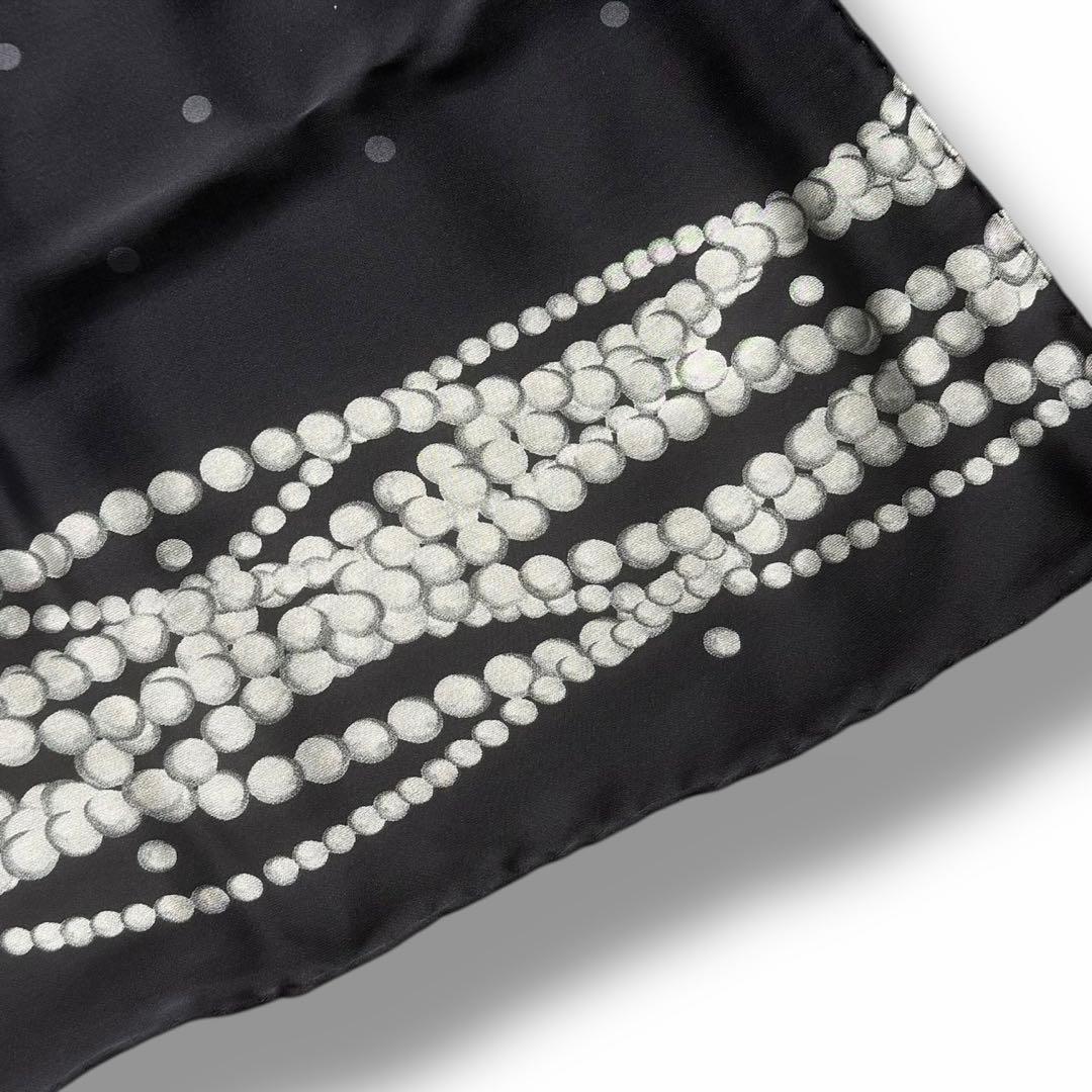 美品 CHANEL シャネル スカーフ ストール シルク 絹 パール ドット 黒