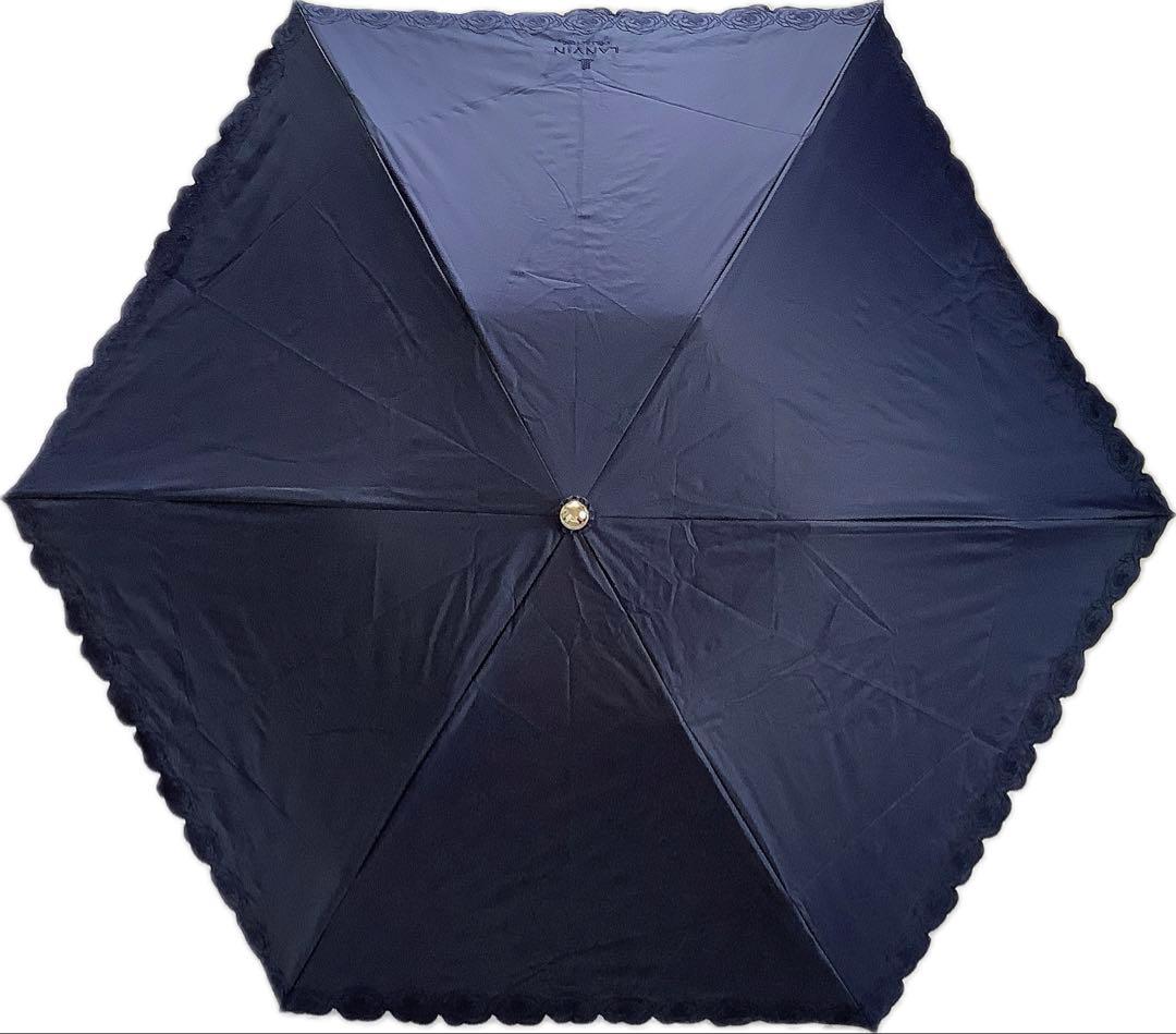 新品★ランバンコレクション★スカラップローズ刺繍晴雨兼用折りたたみ日傘★ネイビー