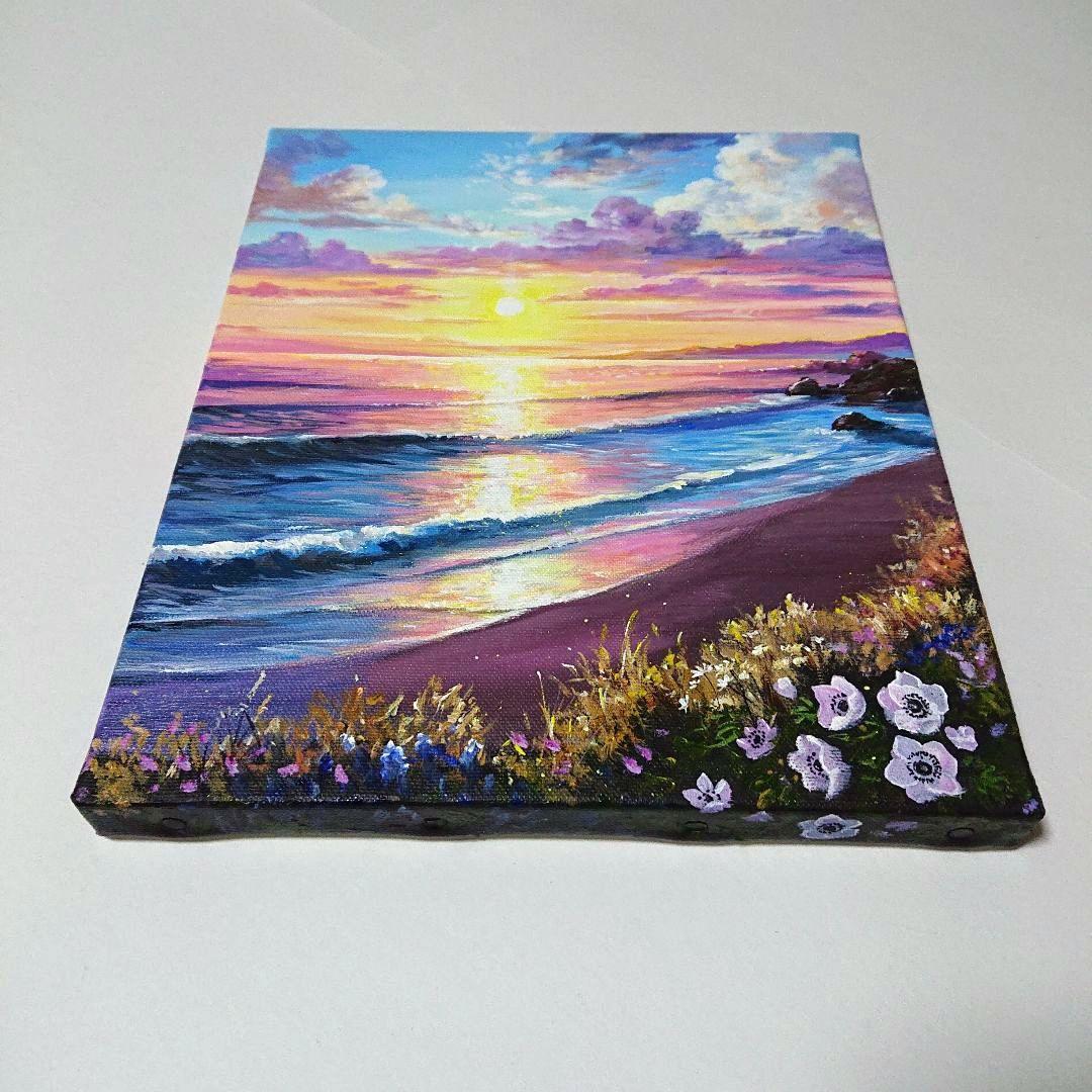 【日が沈む頃】アクリル画 F3 風景画 絵画
