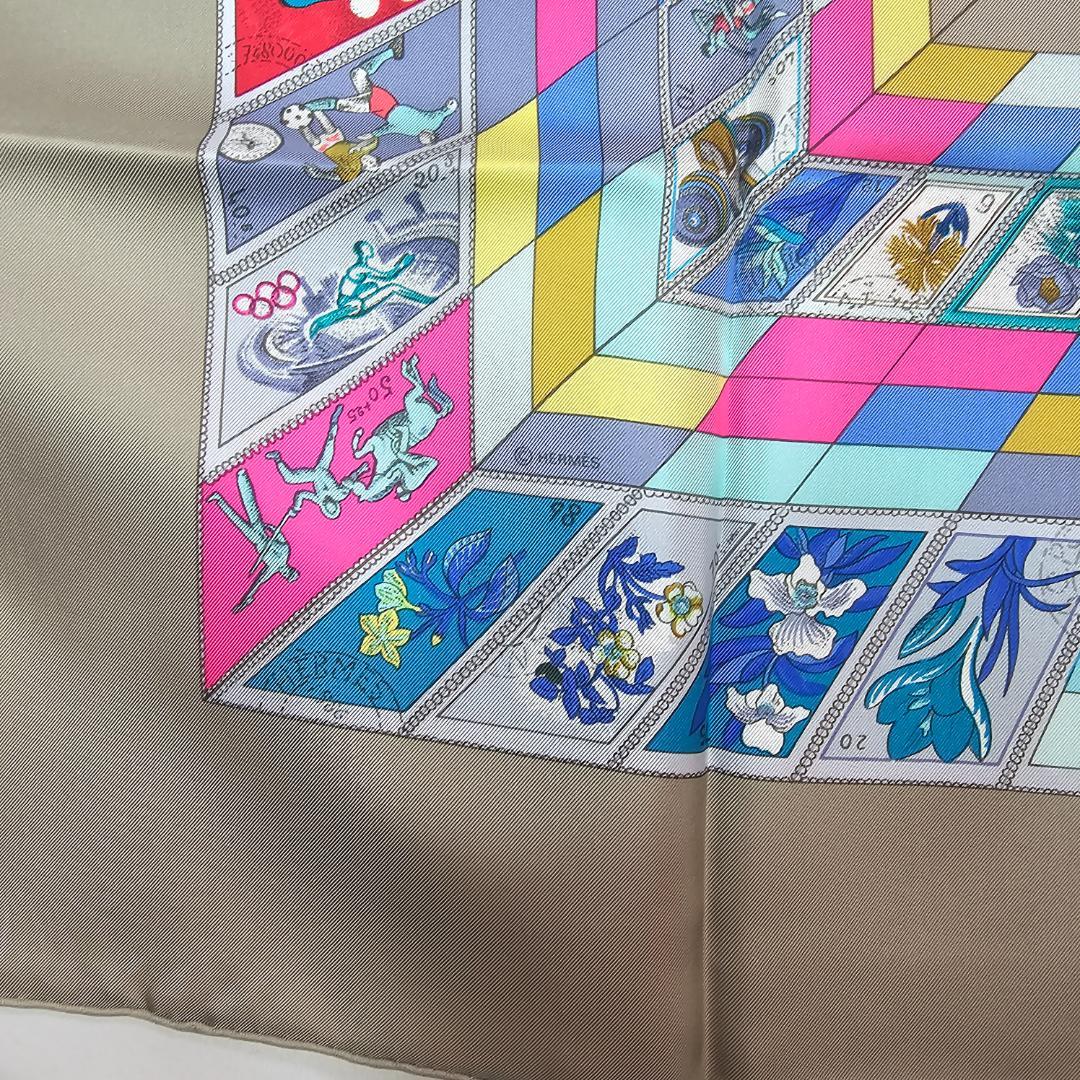 【美品】エルメス カレ90 切手柄 CORRESPONDANCE シルク グレー