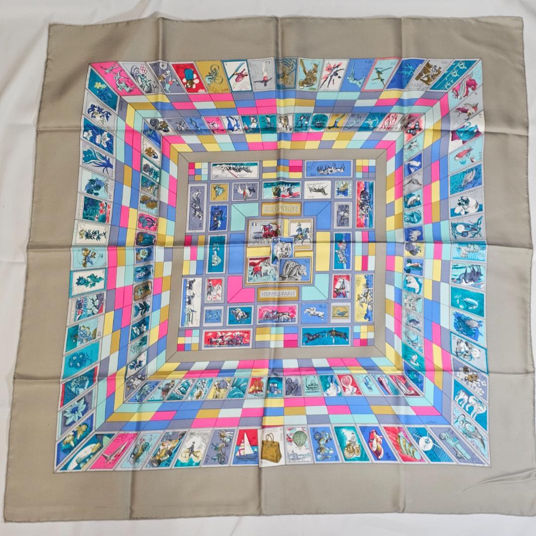 【美品】エルメス カレ90 切手柄 CORRESPONDANCE シルク グレー