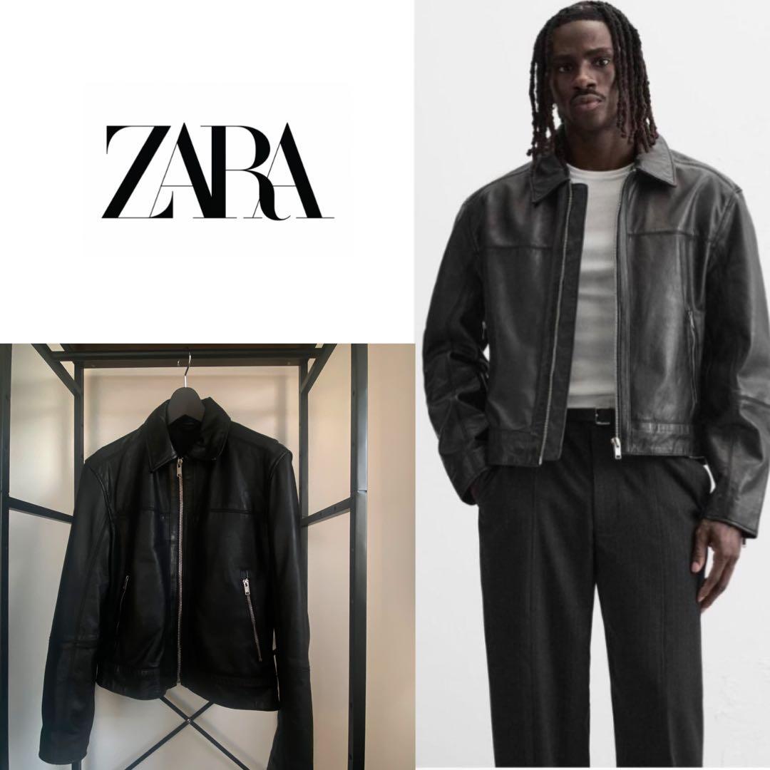 新品■ZARA リアルレザージャケット ボクシーフィット牛革 ブラック 黒