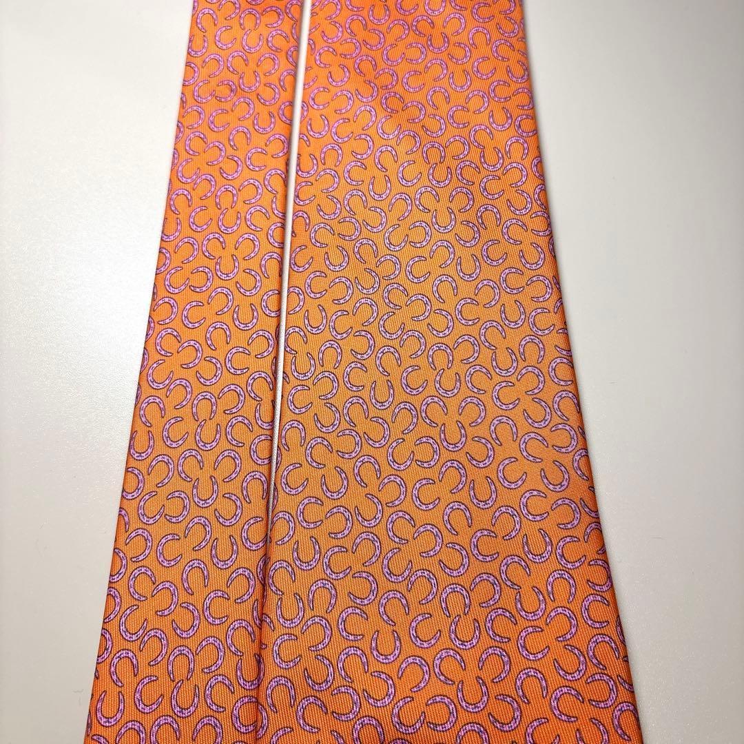 美品 HERMES 馬蹄柄 シルク ネクタイ エルメス オレンジ