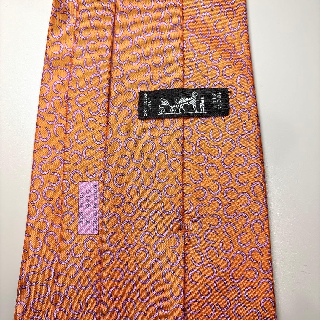 美品 HERMES 馬蹄柄 シルク ネクタイ エルメス オレンジ