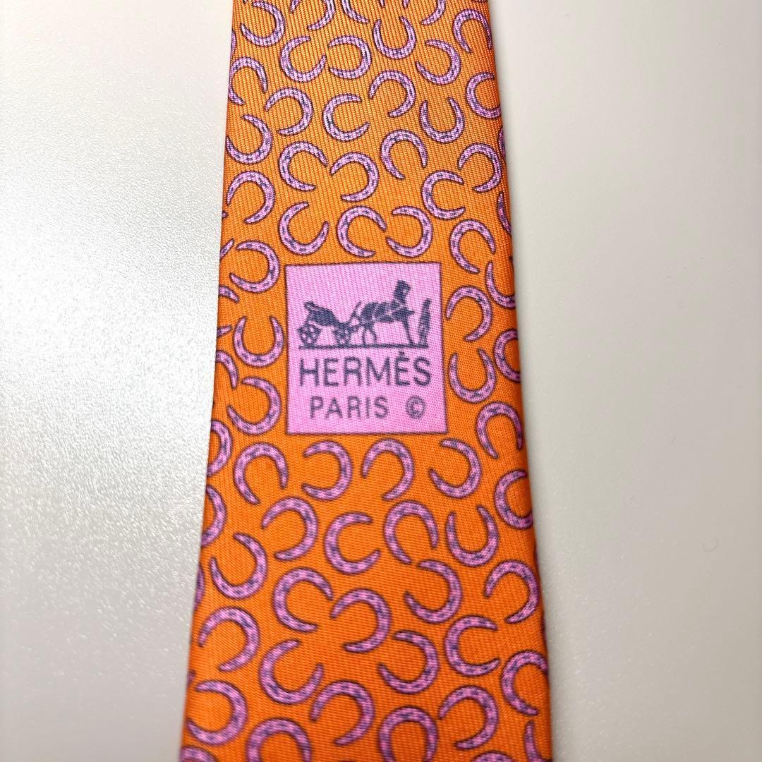 美品 HERMES 馬蹄柄 シルク ネクタイ エルメス オレンジ