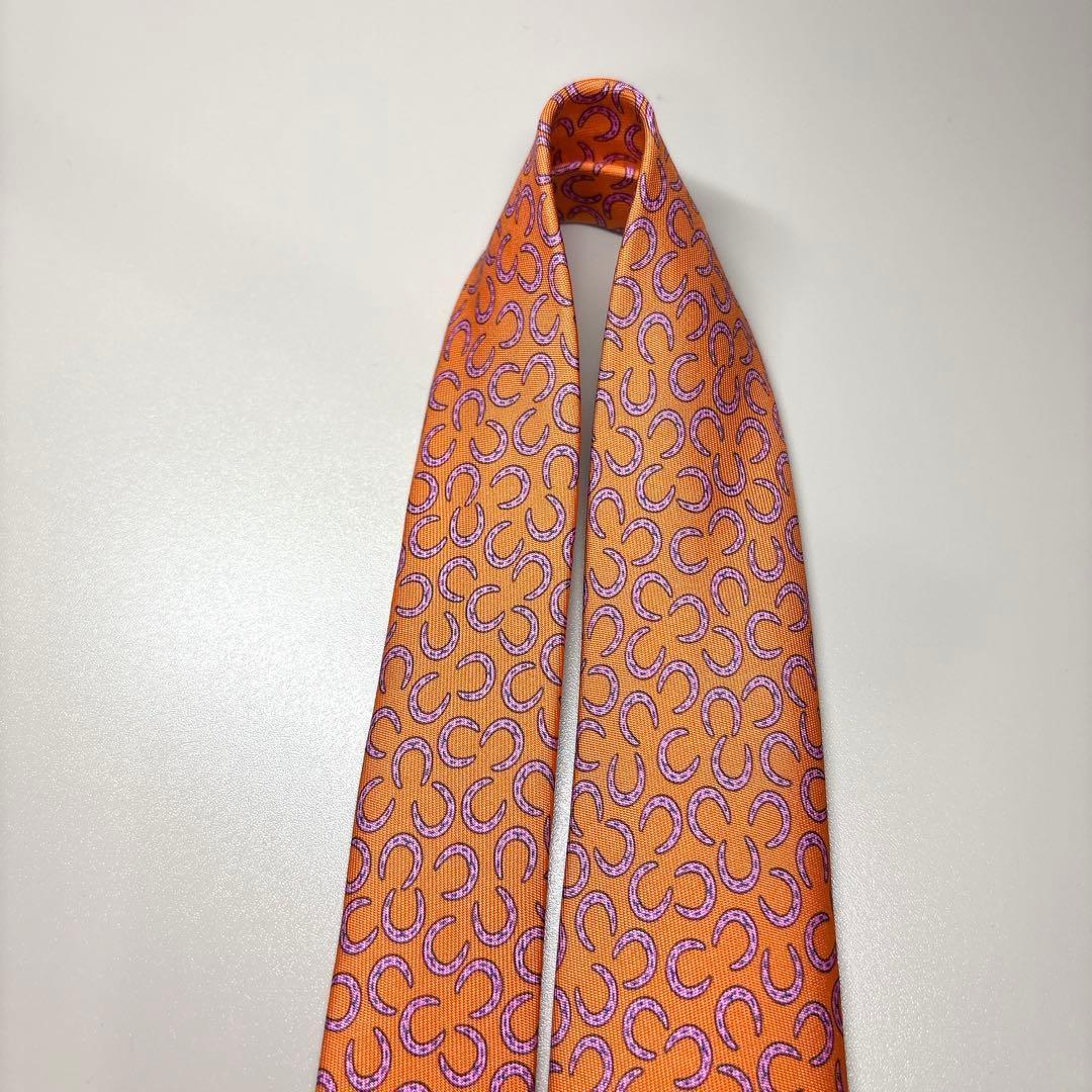 美品 HERMES 馬蹄柄 シルク ネクタイ エルメス オレンジ