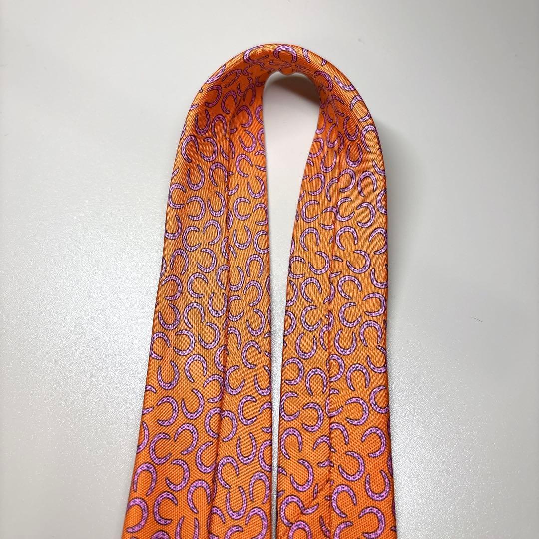 美品 HERMES 馬蹄柄 シルク ネクタイ エルメス オレンジ