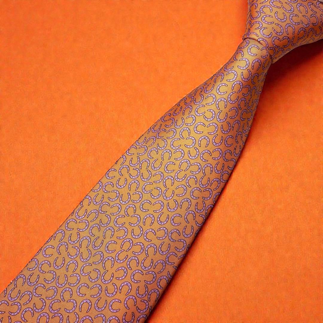 美品 HERMES 馬蹄柄 シルク ネクタイ エルメス オレンジ