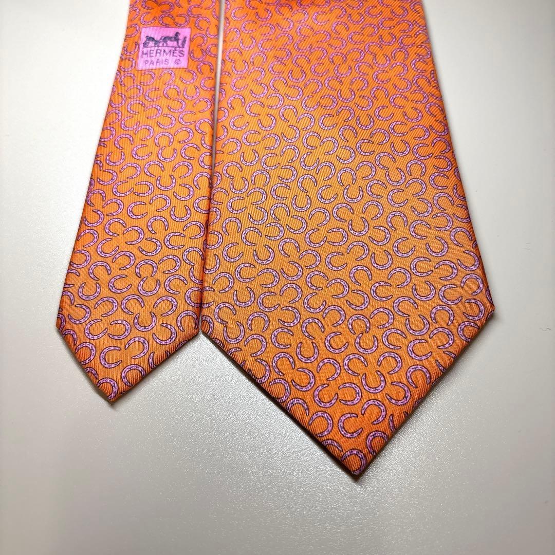 美品 HERMES 馬蹄柄 シルク ネクタイ エルメス オレンジ