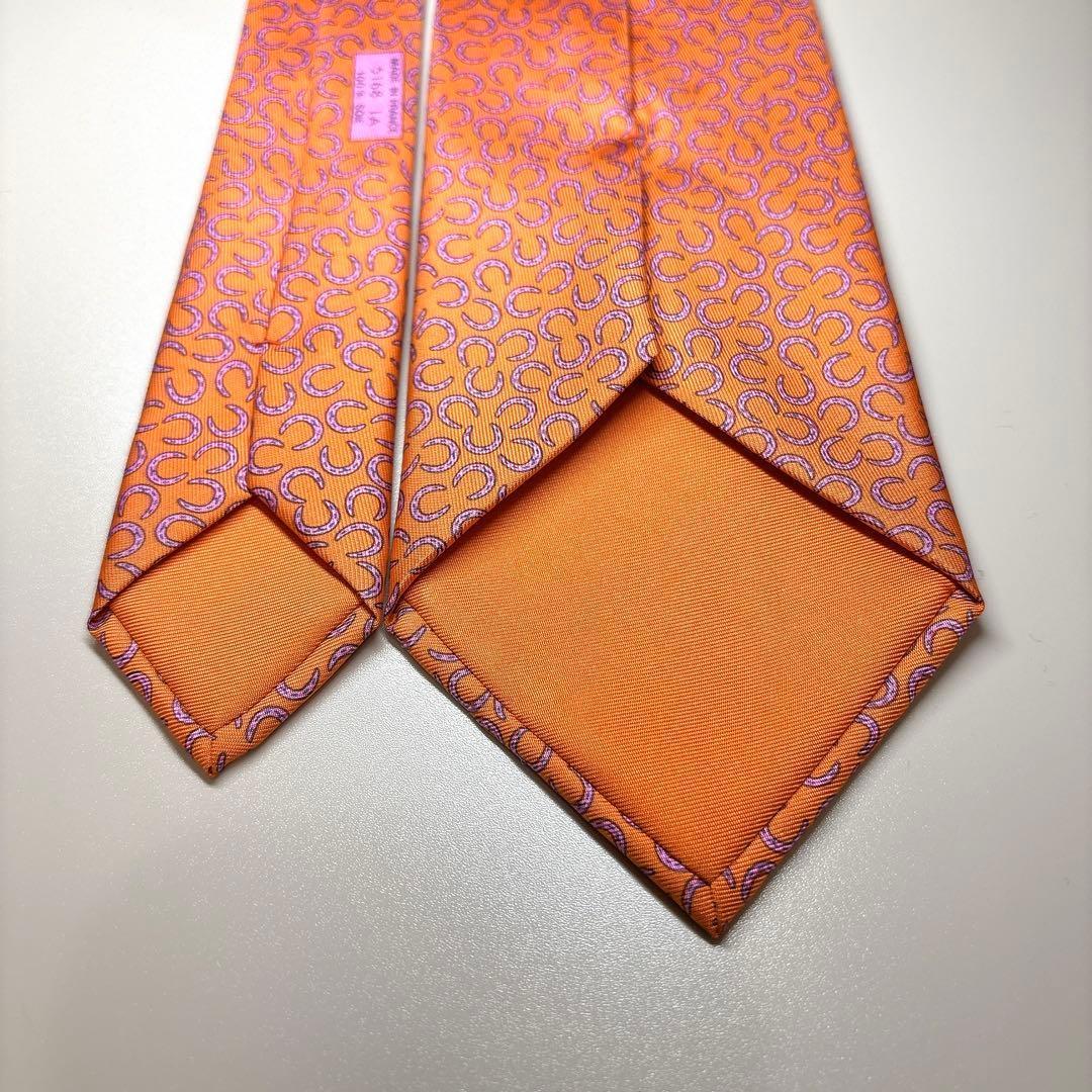 美品 HERMES 馬蹄柄 シルク ネクタイ エルメス オレンジ