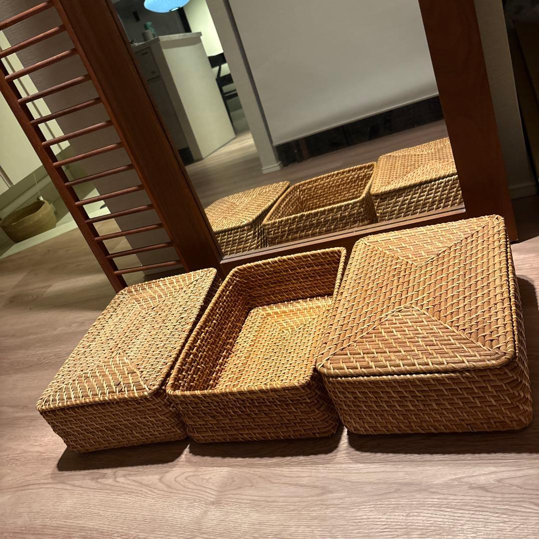 無印良品/重なるラタン長方形バスケットふた付き大×2個・中×3個セット